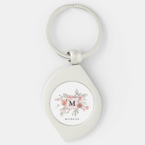 Elegant Dusty Pink Gray Flower Monogram Keychain