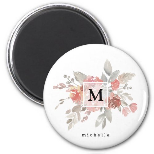 Elegant Dusty Pink Gray Flower Monogram Magnet