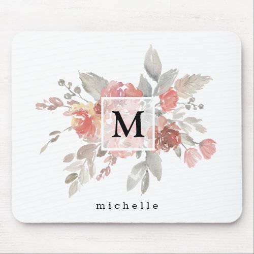 Elegant Dusty Pink Gray Flower Monogram Mouse Pad