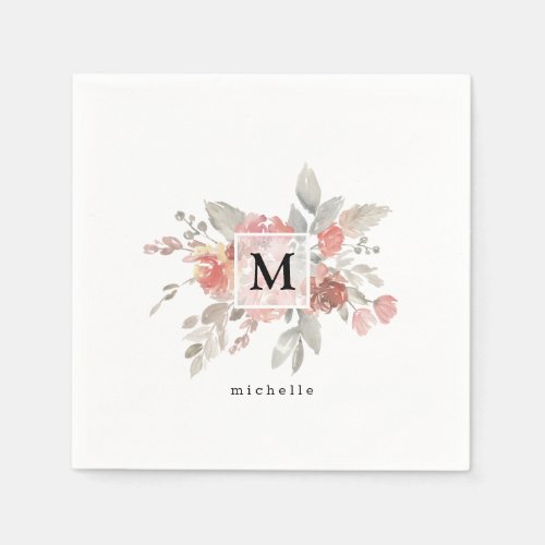 Elegant Dusty Pink Gray Flower Monogram Napkins