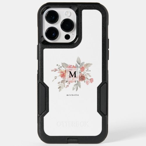 Elegant Dusty Pink Gray Flower Monogram OtterBox iPhone 14 Pro Max Case