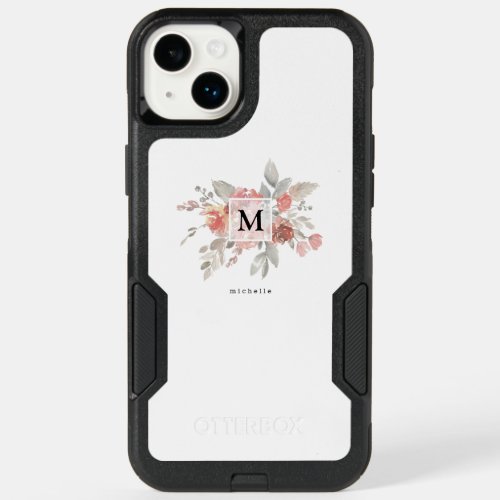 Elegant Dusty Pink Gray Flower Monogram OtterBox iPhone 14 Plus Case