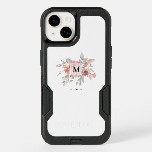 Elegant Dusty Pink Gray Flower Monogram OtterBox iPhone 14 Case