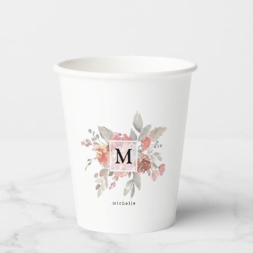 Elegant Dusty Pink Gray Flower Monogram Paper Cups