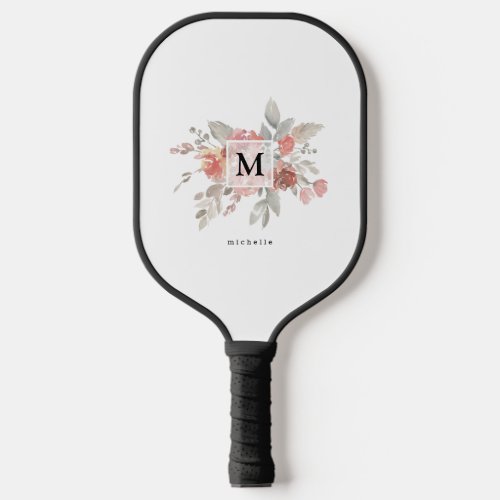 Elegant Dusty Pink Gray Flower Monogram Pickleball Paddle