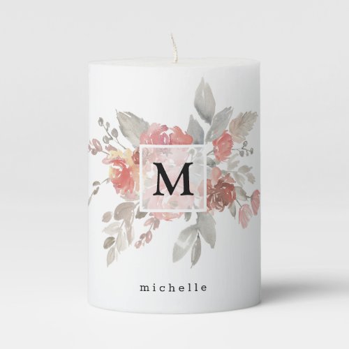 Elegant Dusty Pink Gray Flower Monogram Pillar Candle