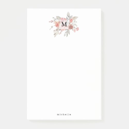 Elegant Dusty Pink Gray Flower Monogram Post_it Notes