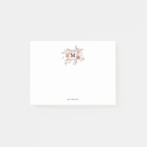 Elegant Dusty Pink Gray Flower Monogram Post_it Notes