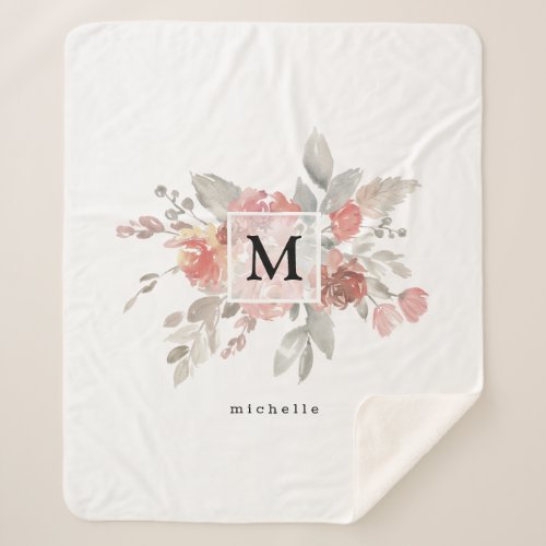 Elegant Dusty Pink Gray Flower Monogram Sherpa Blanket