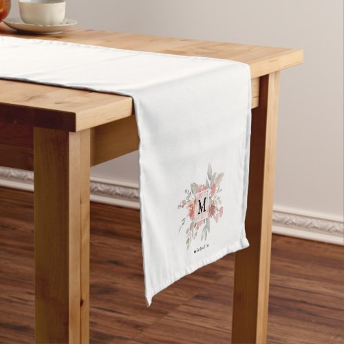 Elegant Dusty Pink Gray Flower Monogram Short Table Runner