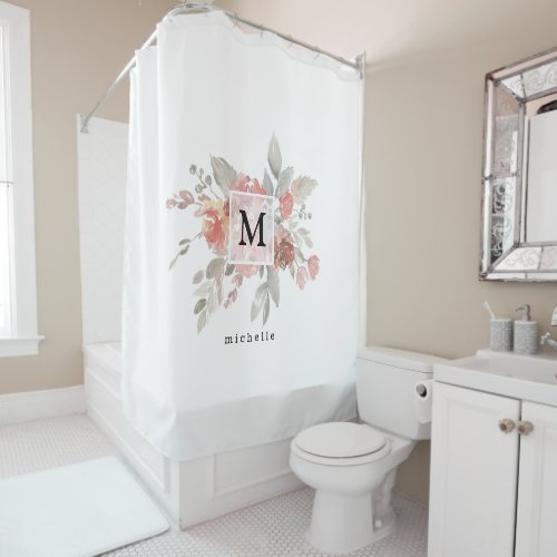 Elegant Dusty Pink Gray Flower Monogram Shower Curtain