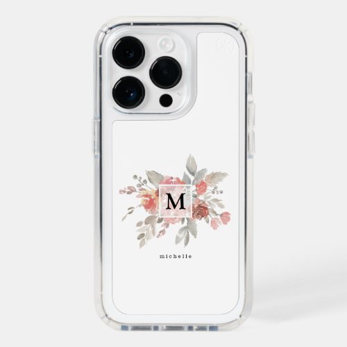 Elegant Dusty Pink Gray Flower Monogram Speck iPhone 14 Pro Case