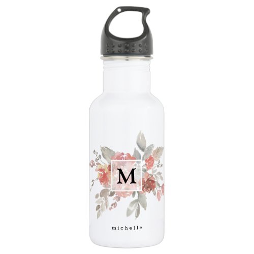 Elegant Dusty Pink Gray Flower Monogram Stainless Steel Water Bottle