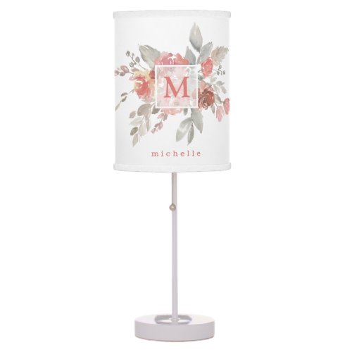 Elegant Dusty Pink Gray Flower Monogram  Table Lamp