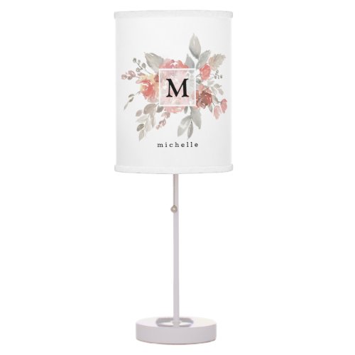 Elegant Dusty Pink Gray Flower Monogram Table Lamp