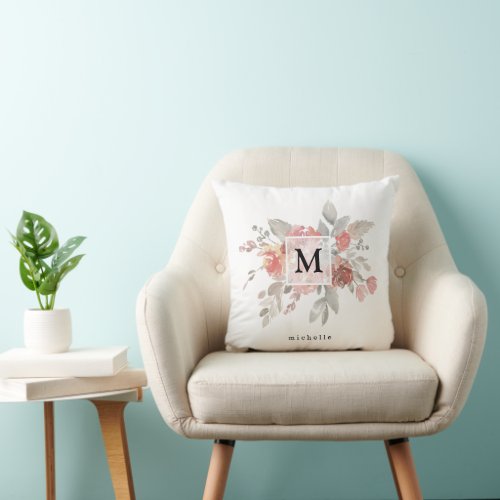 Elegant Dusty Pink Gray Flower Monogram Throw Pillow