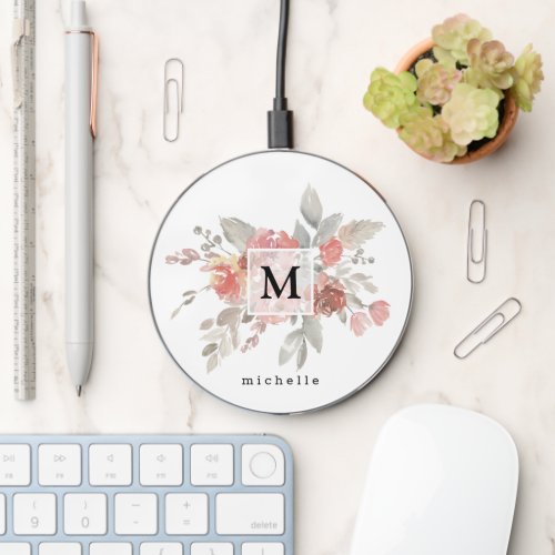 Elegant Dusty Pink Gray Flower Monogram Wireless Charger