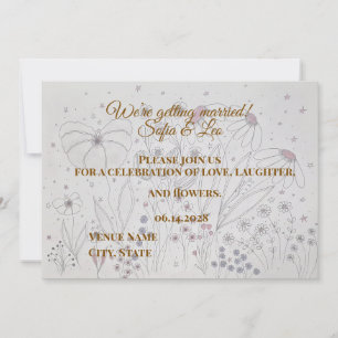 Elegant Dusty Pink Grey Hand Drawn Floral Wedding Invitation