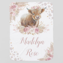 Elegant Dusty Pink Highland Cow Girl Nursery Baby Blanket