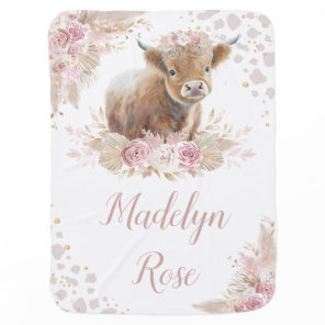 Elegant Dusty Pink Highland Cow Girl Nursery Baby Blanket