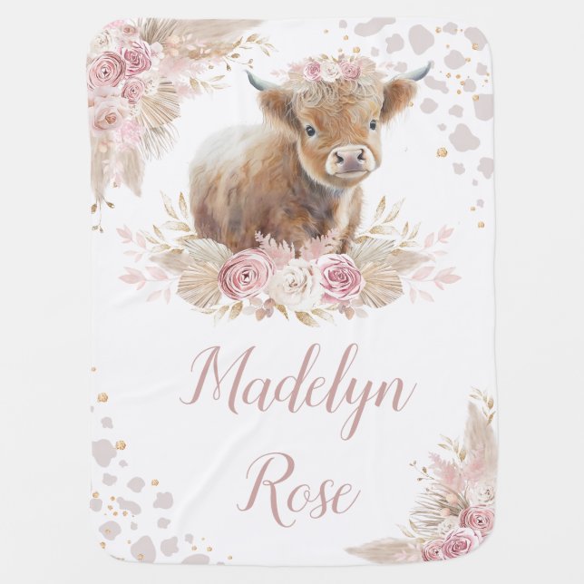 Elegant Dusty Pink Highland Cow Girl Nursery Baby Blanket (Front)
