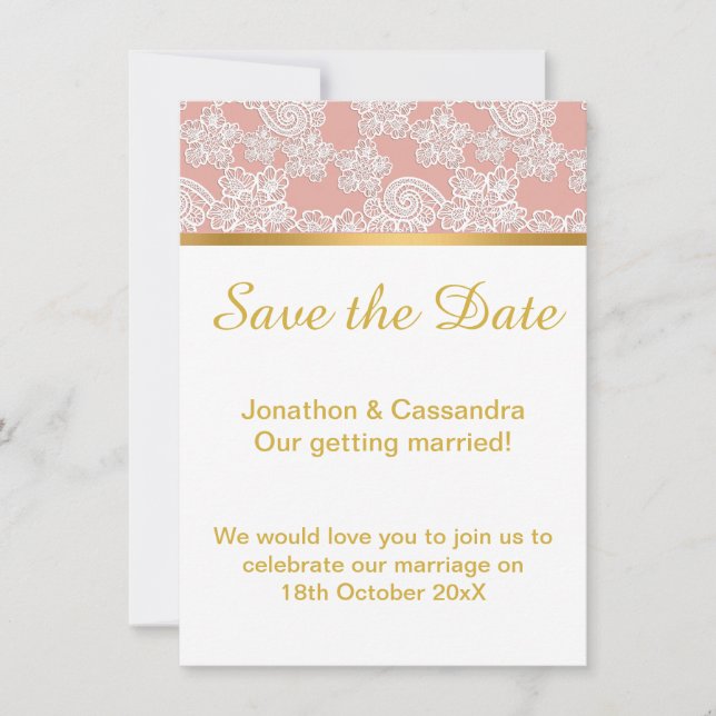 ELEGANT DUSTY PINK LACE GOLD SAVE THE DATE (Front)