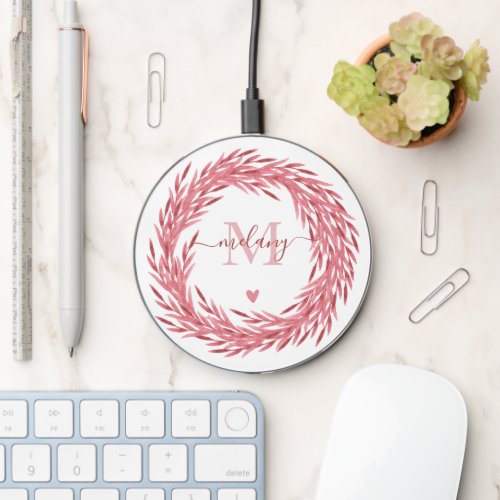 Elegant Dusty Pink Leaves Wreath _ Monogrammed Wireless Charger