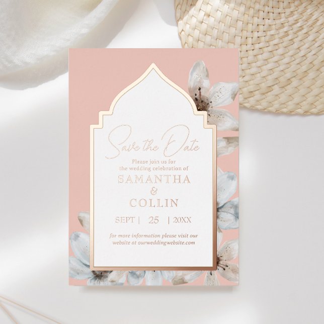 Elegant Dusty Pink Magnolia Flowers Save the Date Foil Invitation (Creator Uploaded)