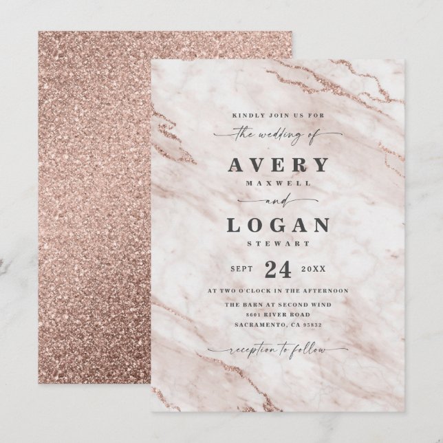 Elegant Dusty Pink Marble & Glitter Wedding Invitation (Front/Back)