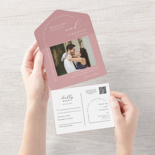 Elegant Dusty Pink Minimal Arch QR Code Photo All In One Invitation