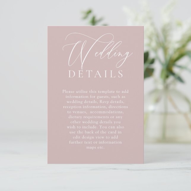 Elegant Dusty Pink Modern Wedding Details Enclosure Card (Standing Front)