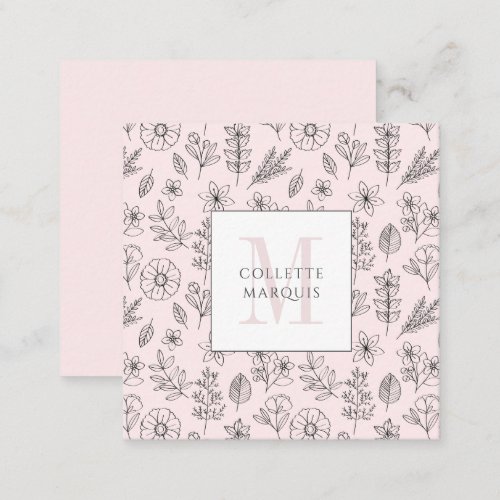Elegant Dusty Pink Monogram Floral Pattern Square Business Card