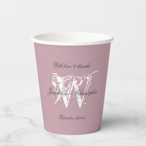Elegant Dusty Pink Monogram  Names Script Wedding Paper Cups