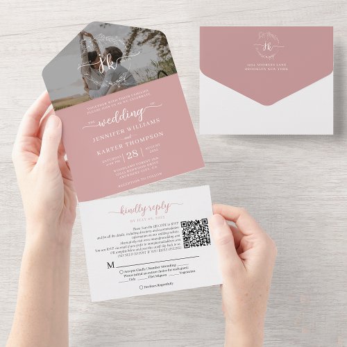 Elegant Dusty Pink Monogram QR Code Photo Wedding All In One Invitation