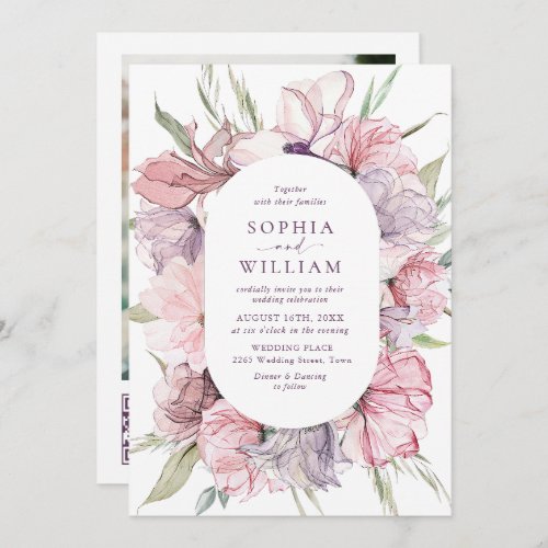 Elegant Dusty Pink Pastel Boho Flowers Wedding Invitation