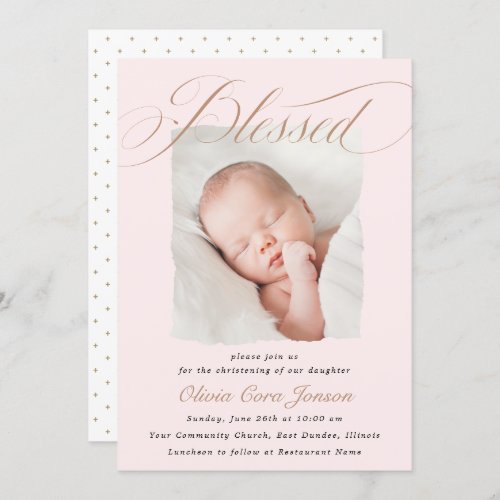 Elegant Dusty Pink Pastel Script Baptism Photo  In Invitation