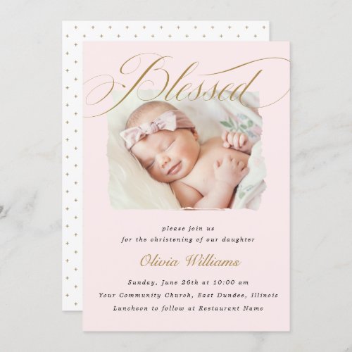 Elegant Dusty Pink Pastel Script Baptism Photo  Invitation
