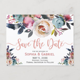 Elegant Dusty Pink Peach Blue Floral Save the Date Announcement Postcard