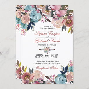 Elegant Dusty Pink Peach Blue Floral Wedding Invitation