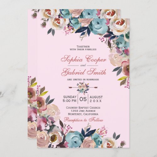 Elegant Dusty Pink Peach Blue Floral Wedding Invitation