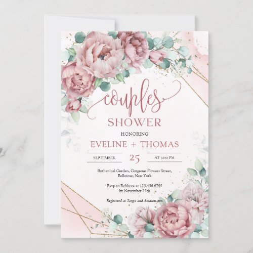 Elegant dusty pink peonies roses couples shower invitation