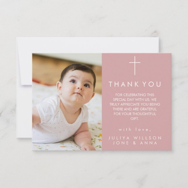 Elegant dusty pink Photo Baptism Thank You card (Front)