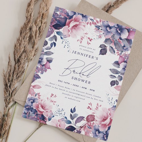 Elegant Dusty Pink Purple Floral Bridal Shower Invitation