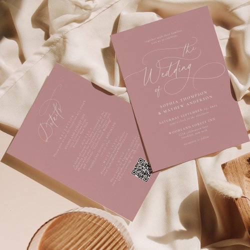 Elegant Dusty Pink QR Code All in one Wedding Invitation