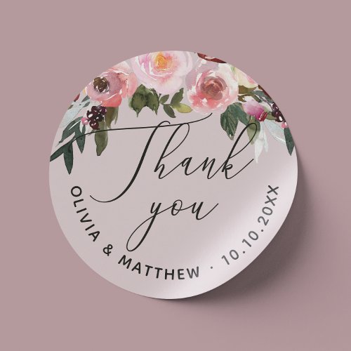 Elegant dusty pink rose Floral wedding thank you  Classic Round Sticker