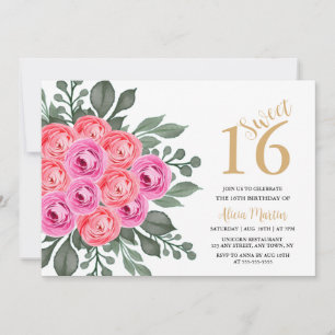 Elegant Dusty Pink Rose Greenery Gold Sweet 16 Invitation