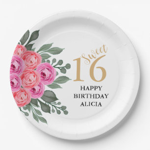 Elegant Dusty Pink Rose Greenery Gold Sweet 16 Paper Plates