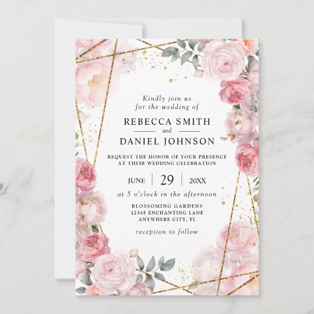 Elegant Dusty Pink Roses & Gold Geometric Wedding Invitation (Front)