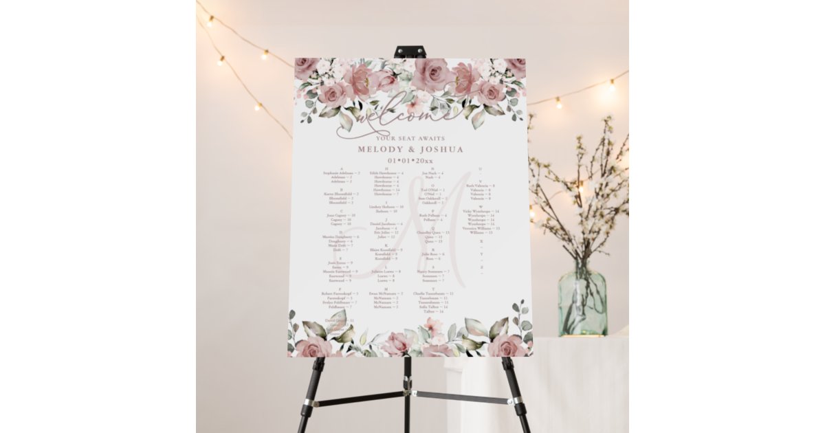 Elegant Dusty Pink Roses Hydrangeas Seating Chart Foam Board | Zazzle