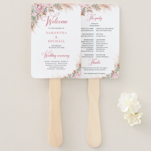 Elegant Dusty Pink Roses Pampas grass and greenery Hand Fan